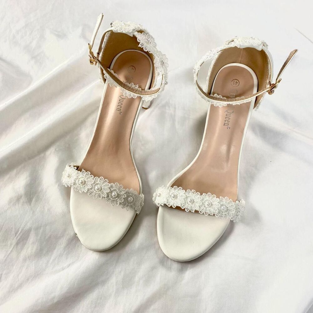 Crystal Queen White lace Floral Pearls Ankle Strap High Heel Sandals US 10